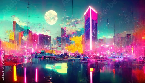 modern cityscape with skyscrapers and city skyline. CG Scenery Artwork. 