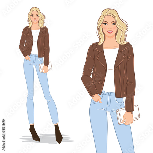 Vector fashion illustration of a beautiful, young, blonde, smiling woman in a leather jacket and skinny jeans. Fashion model posing, isolated on white background.
