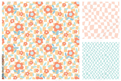Set of floral seamless patterns in retro style. Vector illustration. Trendy design for any purpose.