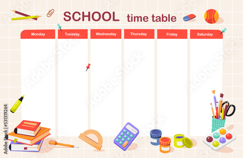 School class time table. School supplies. Stacks of books, pens, pencils for office and school. Back to school. Hand drawing. Flat vector illustration