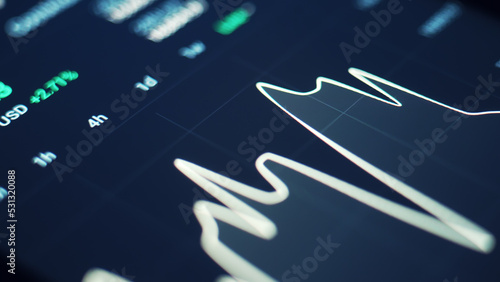 Real-time analysis of the cryptocurrency market in a smartphone. panorama, macro