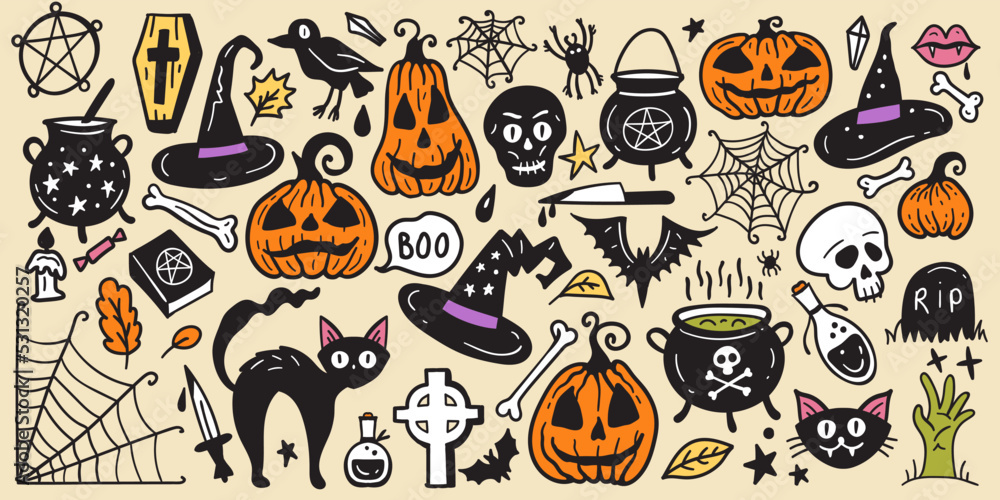 Bright collection of Halloween sticker sketch set. Big set of hand drawn doodle. Collection halloween and magic elements. Pumpkins, ghost, skull, black cat, pot, hat.