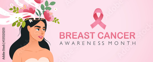 Breast cancer Month with a pink ribbon. International Breast Cancer Day. Vector banner in cartoon style
