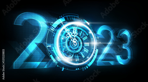 Happy New Year 2023 celebration with abstract digital clock perspective view on futuristic technology background, countdown concept, vector illustration
