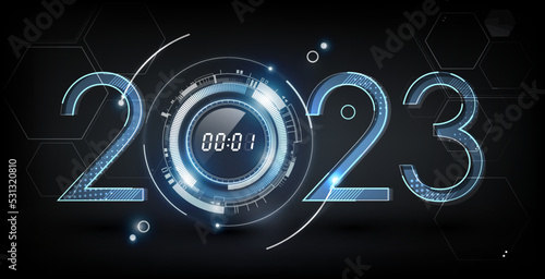 Happy New Year 2023 celebration with abstract digital clock on futuristic technology background, countdown concept, Can adjust digital number, vector illustration