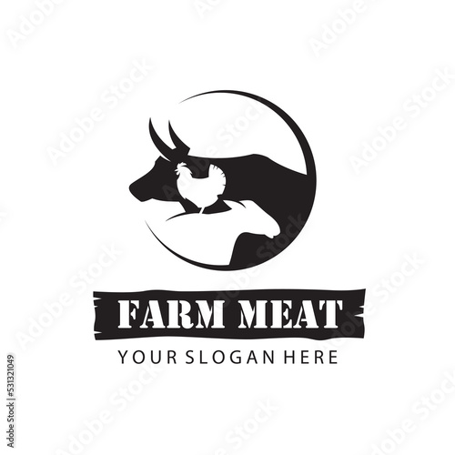 monochrome label of farm animals cow, chicken and sheep isolated on white background