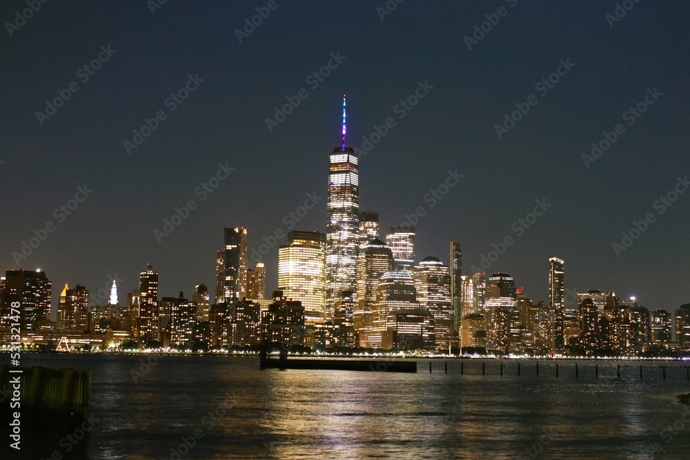 skyline of downtown Manhattan on a calm clear night, viewed from New Jersey