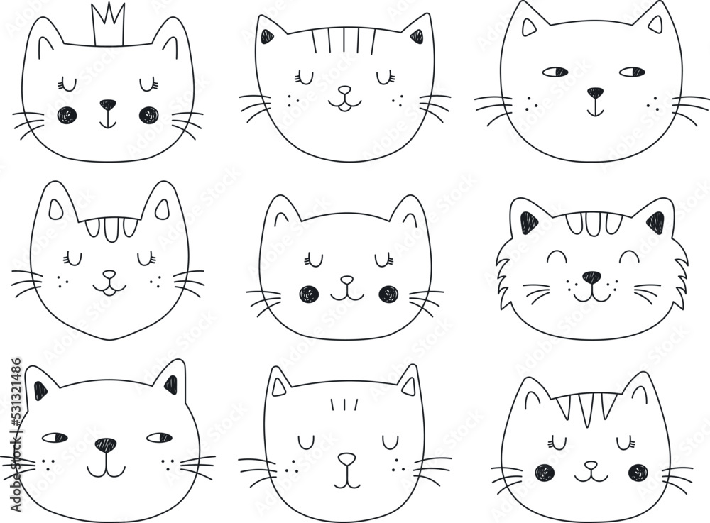 Set of vector cute cats. Faces of beautiful cats for postcards, t-shirts, stationery and packaging. Outline hand-drawn cats. Vector illustrations doodles with kittens