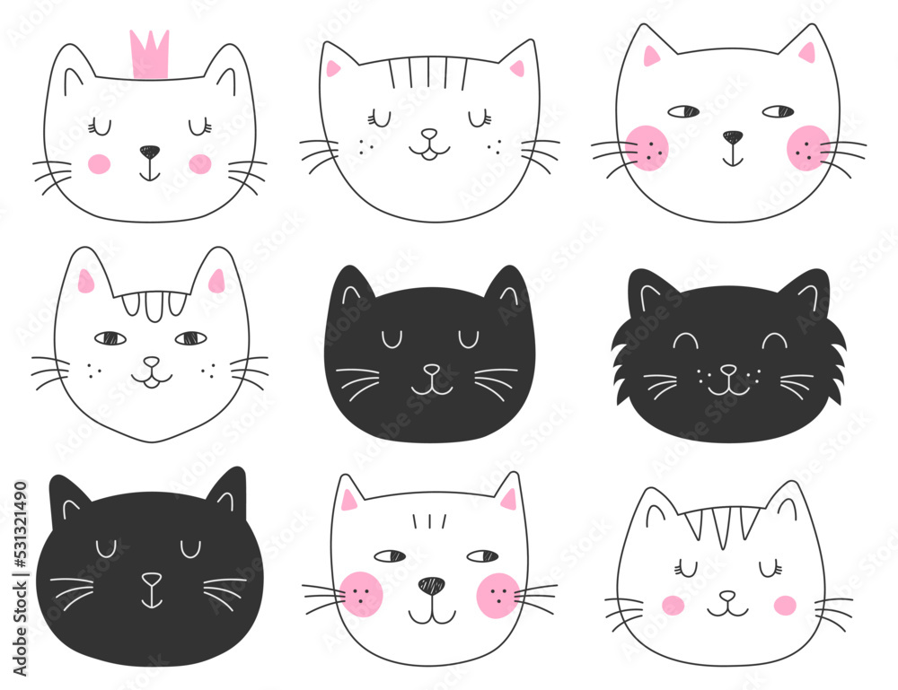 Set of vector cute cats. Faces of beautiful cats for postcards, t-shirts, stationery and packaging. Outline hand-drawn cats. Vector illustrations doodles with kittens