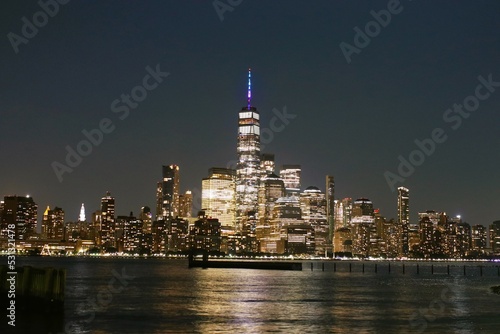 skyline of downtown Manhattan on a calm clear night, viewed from New Jersey