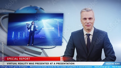 Male news anchor in live breaking TV news reporting on metaverse event and talking about presentation of new virtual reality glasses photo