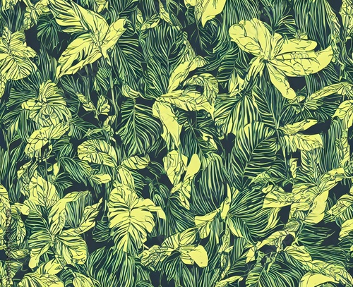 photorealistic print of exotic, elegant tropical green prints, isolated in a black background. pattern