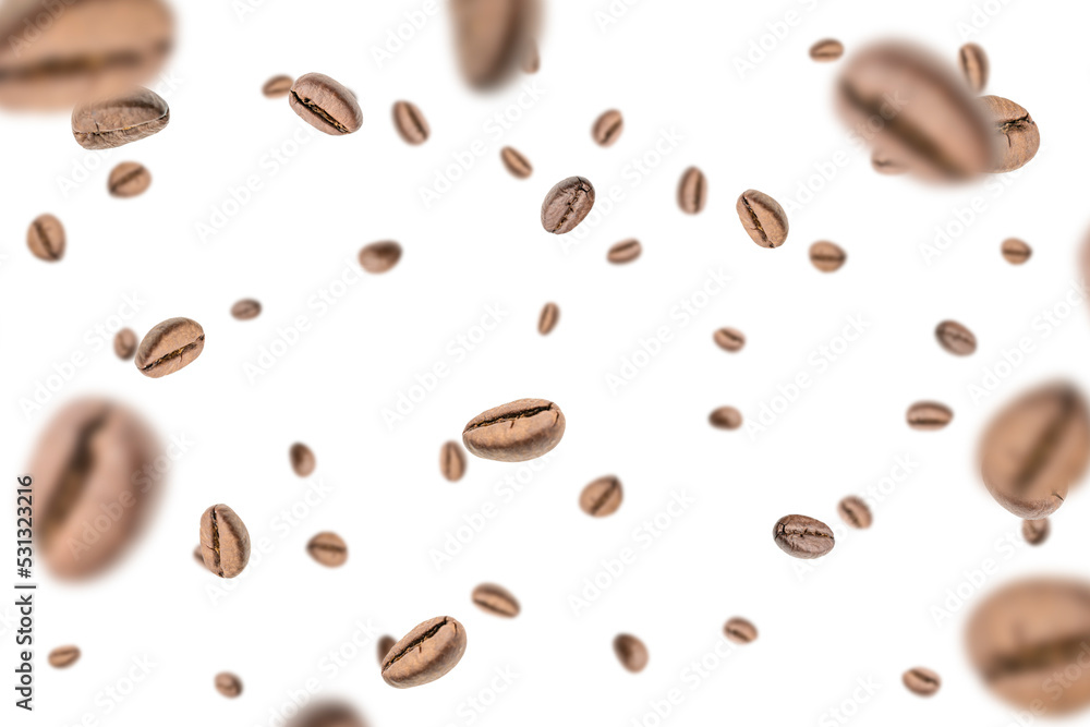 Coffee beans fall background. Black espresso coffee bean falling. Aromatic grain flying isolated on white. Concept for coffee product advertising. Coffee beans fall background. Black espresso coffee bean falling. Aromatic grain flying isolated on white. Concept for coffee product advertising.