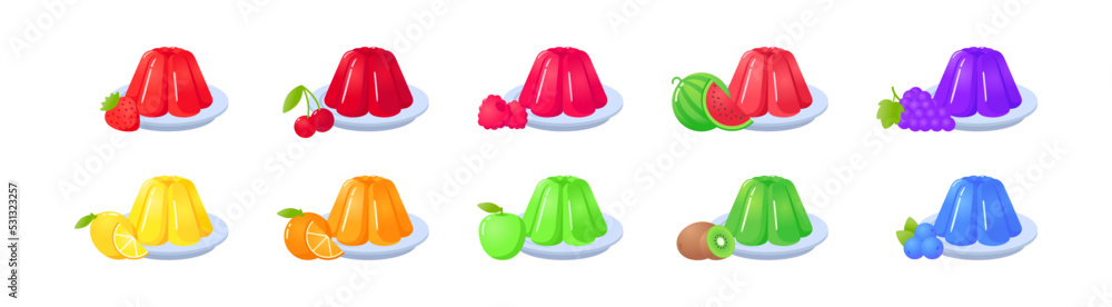 Εκτύπωση καμβά Set jelly sweet dessert on plate with different fruits and berries cartoon vector illustration