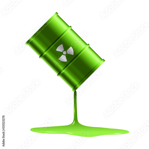 Radioactive green liquid flowing from metal green barrel vector illustration