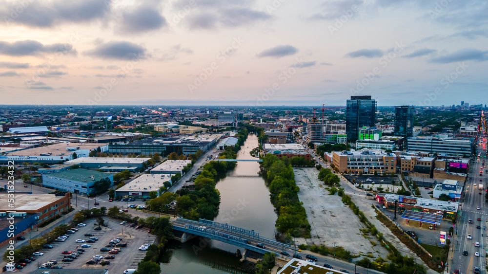 Chicago, IL USA September 15th 2022 : establishing aerial drone view image of Chicago metropolitan city area. the buildings architecture look great for tourist to come and see the skyline