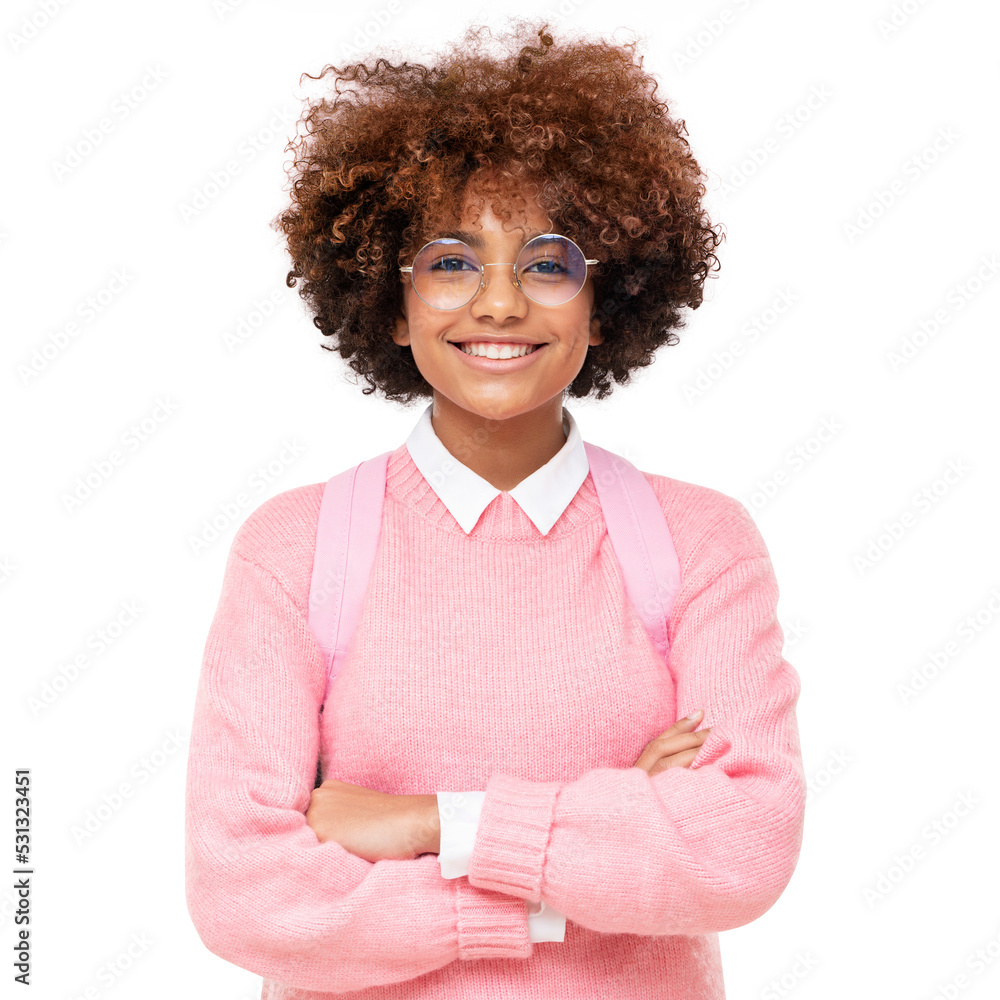 Pretty smiling african american teen girl, high school or college student standing with crossed arms, isolated Pretty smiling african american teen girl, high school or college student standing with crossed arms, isolated