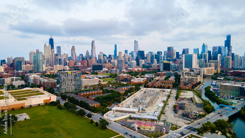 Chicago  IL USA September 15th 2022   establishing aerial drone view image of Chicago metropolitan city area. the buildings architecture look great for tourist to come and see the skyline