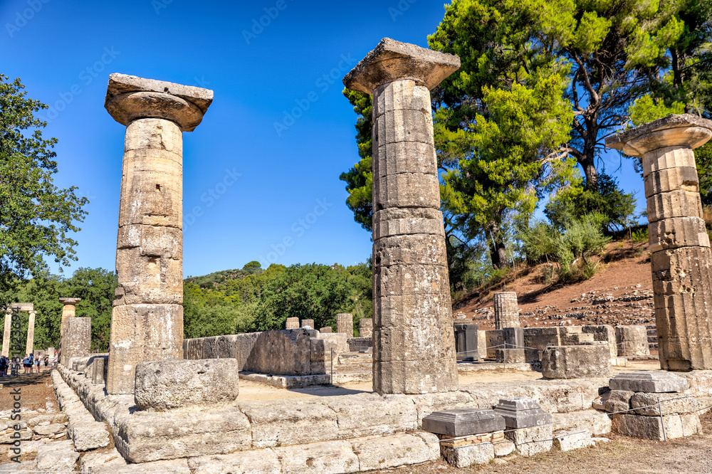 Olympia, Greece - July 19, 2022: Landscapes and ancient relics at the site of the original Olympic Games at Olympia, Greece
