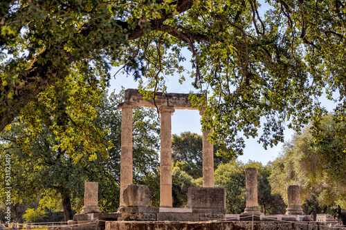 Olympia, Greece - July 19, 2022: Landscapes and ancient relics at the site of the original Olympic Games at Olympia, Greece 