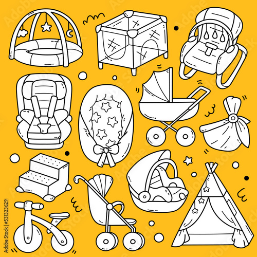 Cute vector collection of outline baby helper doodles