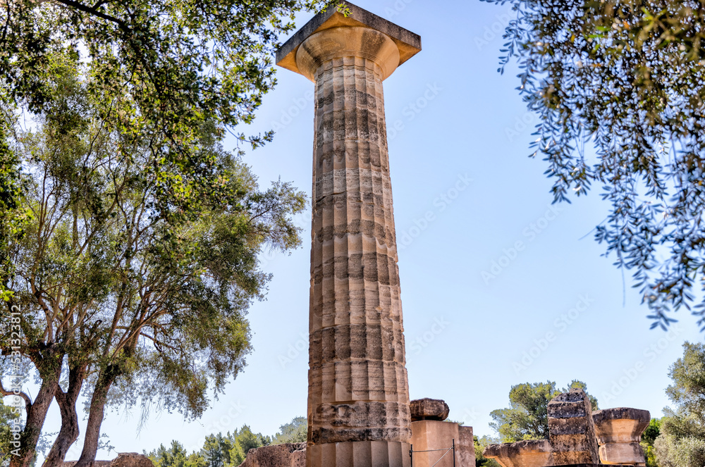 Olympia, Greece - July 19, 2022: Landscapes and ancient relics at the site of the original Olympic Games at Olympia, Greece
