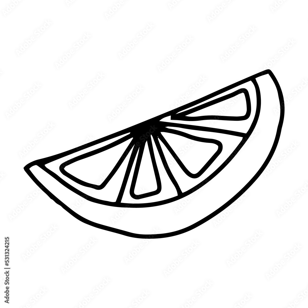 Half a slice of lemon, orange, grapefruit drawn in the style of Doodle.Outline drawing by hand.Black and white image of fruit.Monochrome fruit pattern. Half a slice of lemon, orange, grapefruit drawn in the style of Doodle.Outline drawing by hand.Black and white image of fruit.Monochrome fruit pattern.