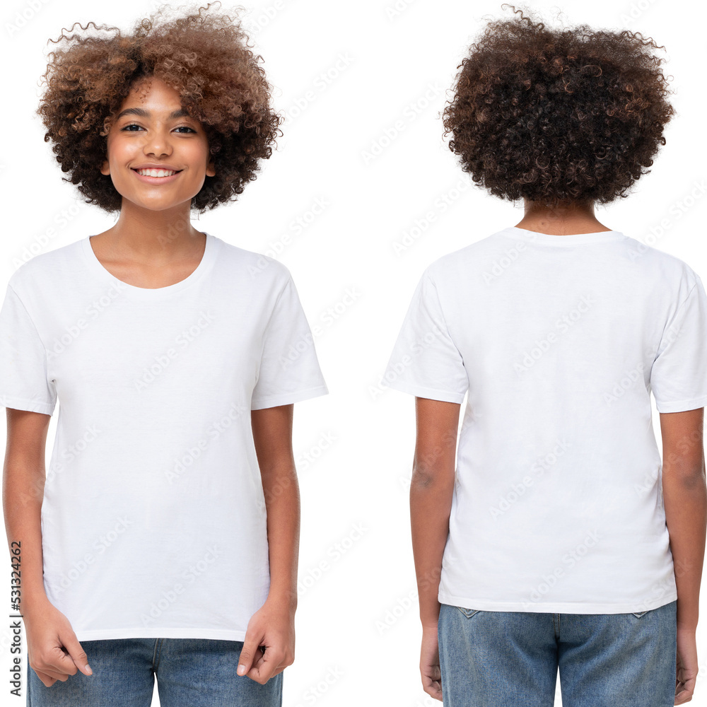 Front and back view of african american girl wearing blank t-shirt with copy space Front and back view of african american girl wearing blank t-shirt with copy space