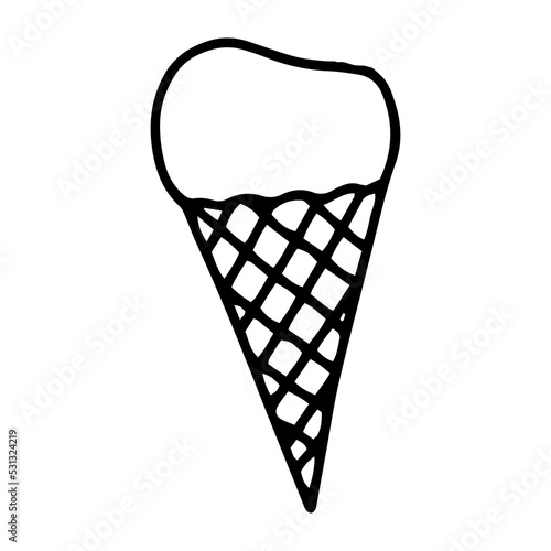 Waffle cone with ice cream drawn in the style of Doodle.Outline drawing by hand.Black-and-white image of the sweets.Monochrome.