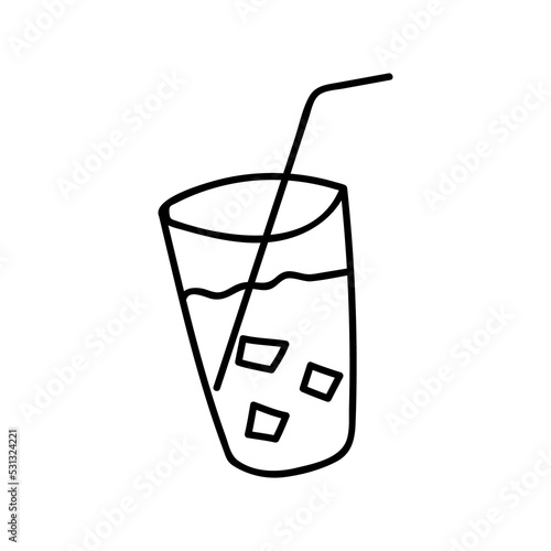 Glass with ice and a plastic tube Doodle illustration.Black and white image with a contour line.Drink with ice.Summer, sun, beach, vacation, party.