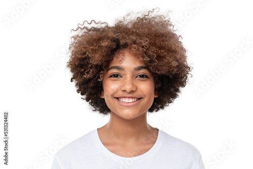 Close-up portrait of smiling african school girl in white t-shirt looking at camera  isolated
