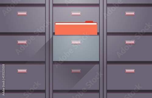 Office cabinet and document data archive storage folders for files business administration concept flat vector illustration.