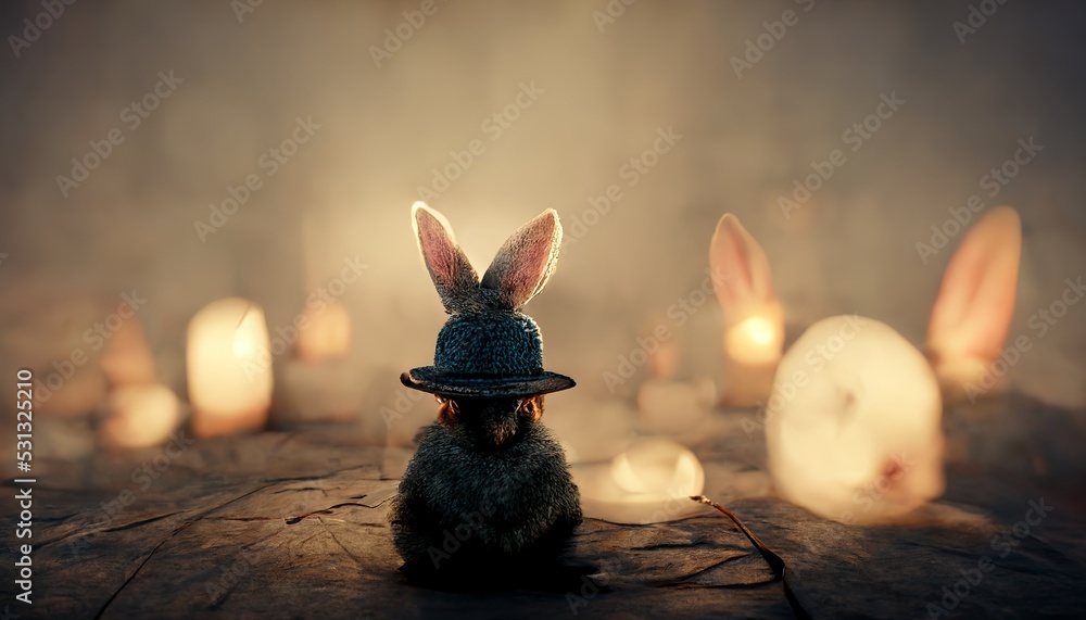 Obraz Little sad rabbit wearing a hat in a circus with candles around fototapeta, plakat