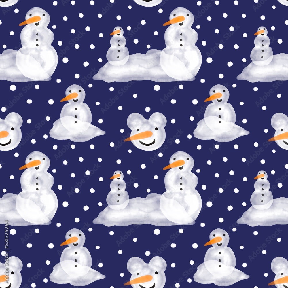 Winter seamless watercolor snowman and snowflakes pattern for Christmas wrapping paper and kids notebooks