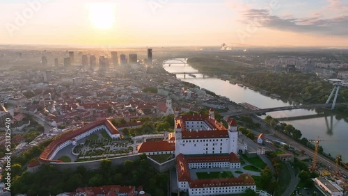 Bratislava Castle or Bratislavsky Hrad aerial panoramic view sunset. Slovakia. 4K photo