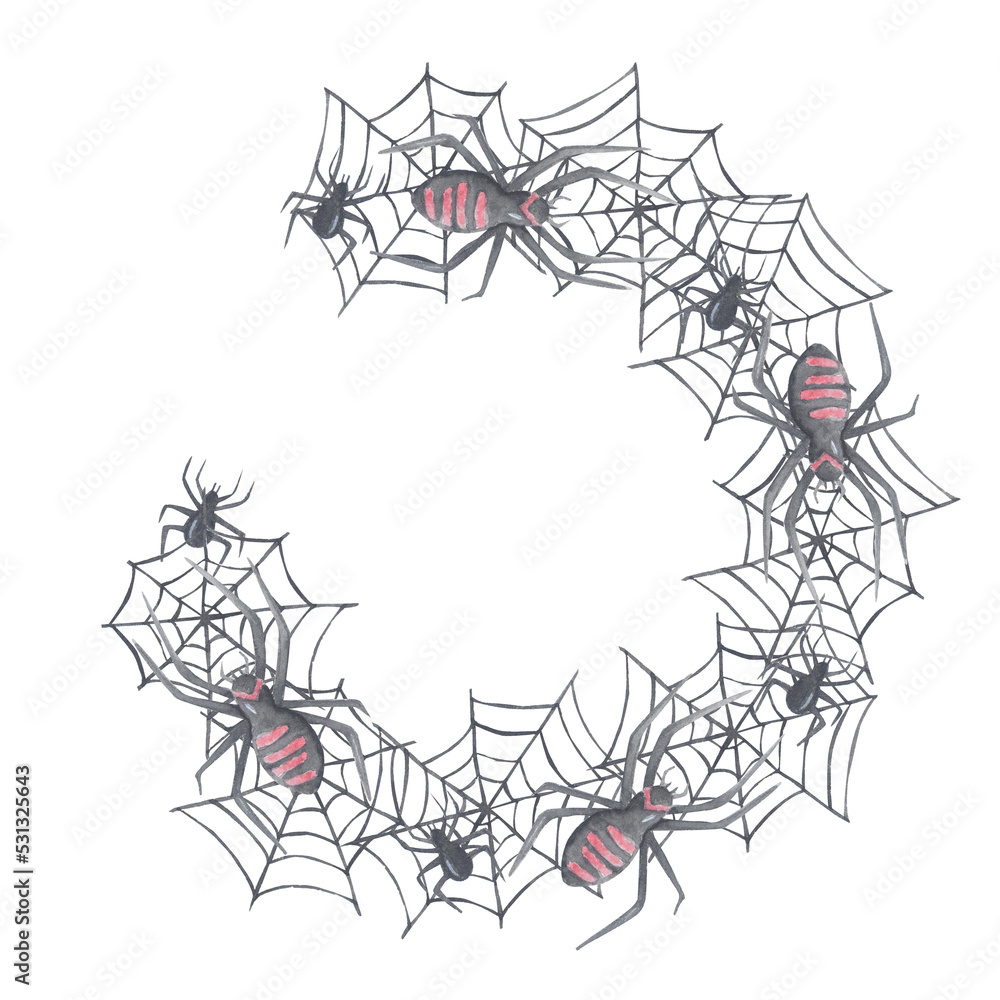 Halloween wreath with cobwebs, spiders. Background for Halloween card, invitation, template, paper Halloween wreath with cobwebs, spiders. Background for Halloween card, invitation, template, paper