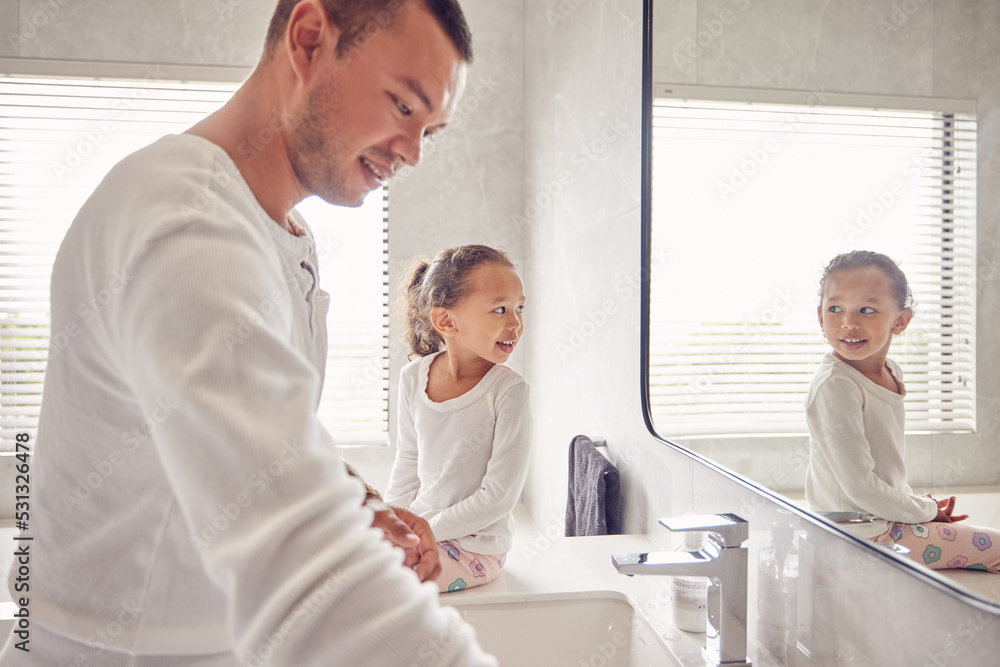 Bathroom, man and child smile in morning before work and school. Cleaning, ready for the day and a father and daughter in a sunny bath room of family home. Happy kid looking at reflection in mirror. Bathroom, man and child smile in morning before work and school. Cleaning, ready for the day and a father and daughter in a sunny bath room of family home. Happy kid looking at reflection in mirror.