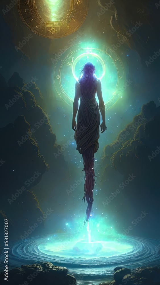 Abstract fantasy neon space landscape. Star nebulae, month and moon, mountains, fog. Unreal fantasy world. Silhouettes, horoscope, zodiac signs. 3D illustration.