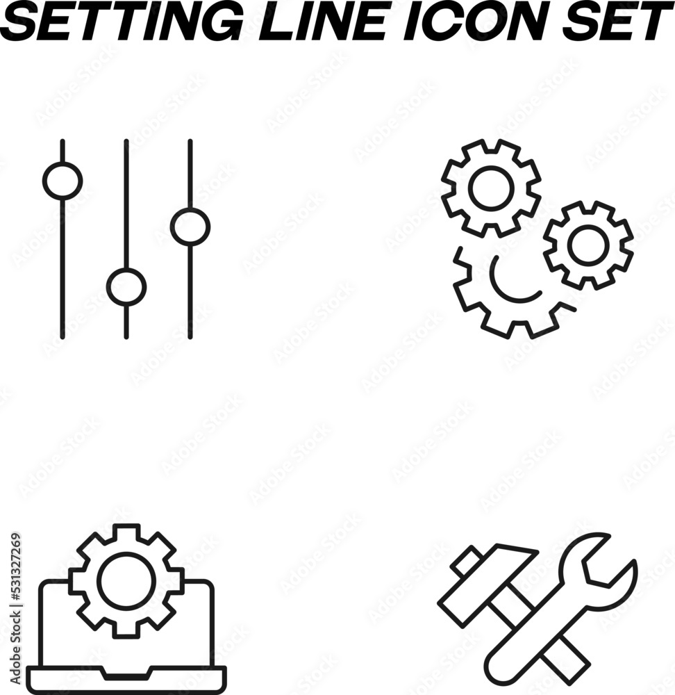Simple monochrome vector symbols suitable for apps, books, stores, shops etc. Line icons set with signs of regulator, gear, hammer and wrench, cogwheel by laptop Simple monochrome vector symbols suitable for apps, books, stores, shops etc. Line icons set with signs of regulator, gear, hammer and wrench, cogwheel by laptop