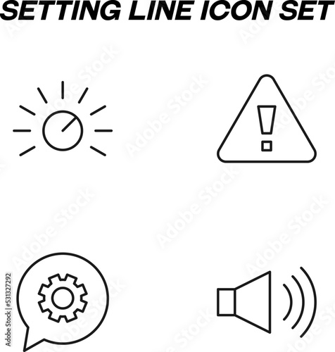 Simple monochrome vector symbols suitable for apps, books, stores, shops etc. Line icons set with signs of indicator, exclamation sign, gear, cogwheel, megaphone