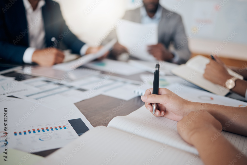 Fototapeta premium Business woman hands writing in marketing meeting with notebook, paper or book for schedule, report or financial plan. Zoom of business people working with strategy, innovation or KPI company growth