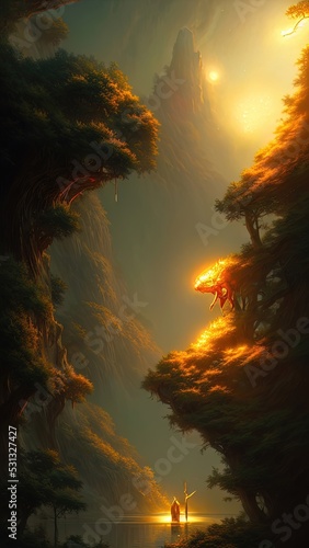 Abstract fantasy neon space landscape. Star nebulae  month and moon  mountains  fog. Unreal fantasy world. Silhouettes  horoscope  zodiac signs. 3D illustration.