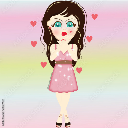 
Girl in pink dress blowing kisses. Love