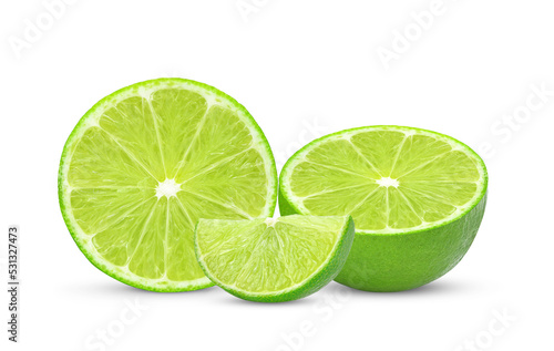 Slices of lime fruit isolated on white background.