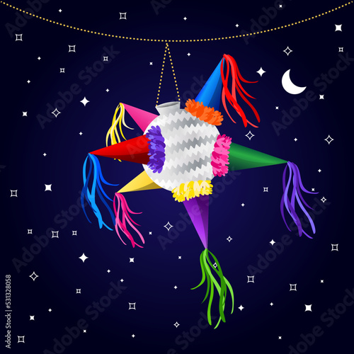 Tradicional Piñata Navideña en Mexico, Piñata de estrella multicolor para posada y fiestas.