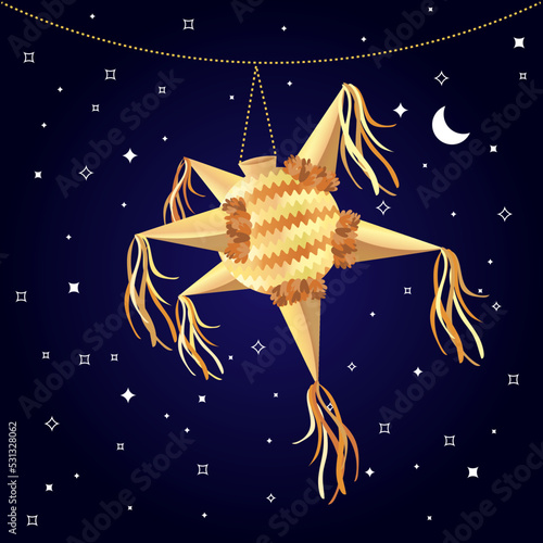 Tradicional Piñata Navideña en Mexico, Piñata de estrella multicolor para posada y fiestas.