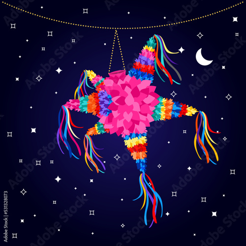 Tradicional Piñata Navideña en Mexico, Piñata de estrella multicolor para posada y fiestas.