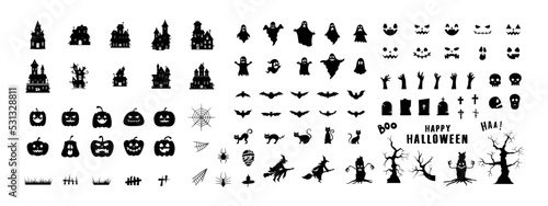 Halloween. Conjunto de iconos de halloween. Calabazas, brujas, fantasmas, árboles, castillos, casas de terror, murciélagos, para decoraciones, pegatinas. ilustración vectorial