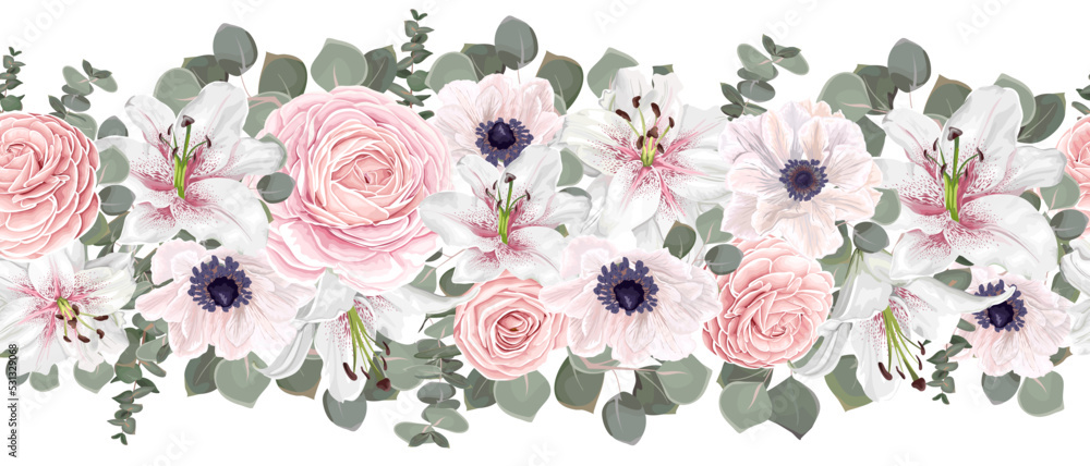 Seamless vector floral border. Pink roses, ranunculus, white and pink lilies, anemones, eucalyptus, green plants and leaves 