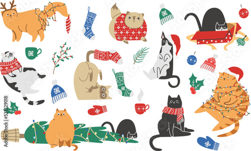 Vector Christmas Collection. Funny Christmas cats. Cozy elements for Christmas design, Christmas toys, mittens, scarves, Christmas tree branches, mugs 
